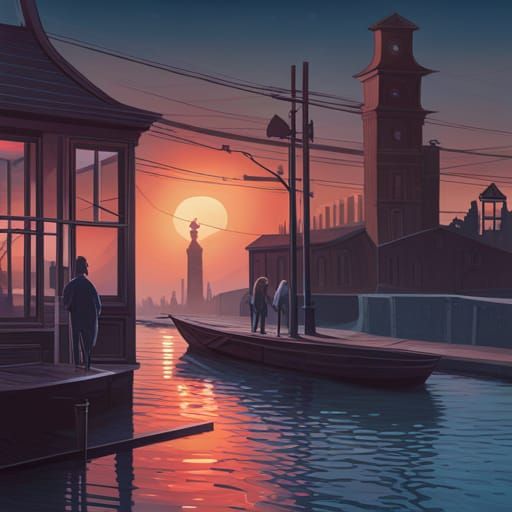 Golden Hour Canal Ride in Retro-Futuristic Style