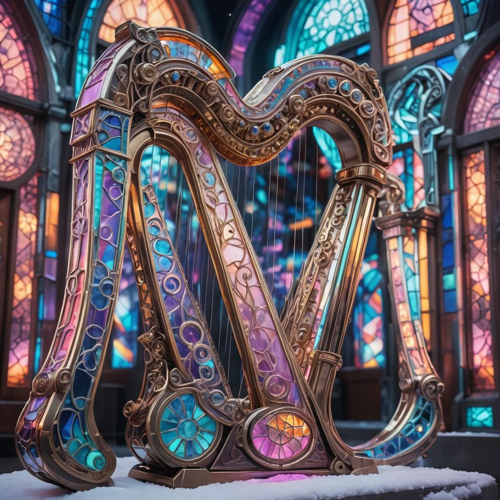 Futuristic Ice Harp with Stained Glass, Sci-Fi Art