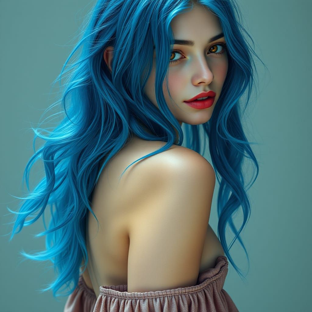 Ethereal Goddess in Vibrant Blue Hair and Red Eyes