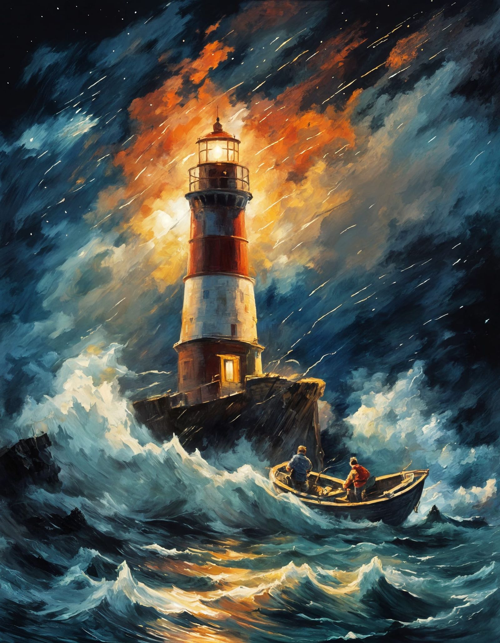 Lighthouse Beam Illuminates Turbulent Night Seas in Impressi...