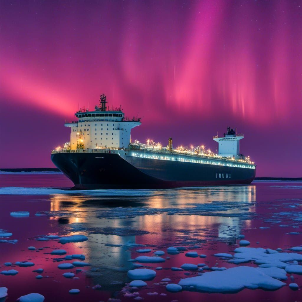 Ice locked supertanker ship at night under the Northern lights. <lora:Gridrunners v1:1.0>