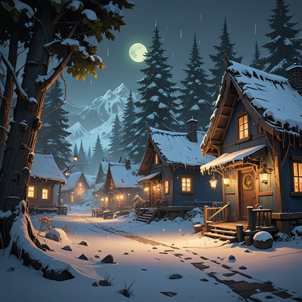 Whimsical Winter Wonderland Scene in Golden Light