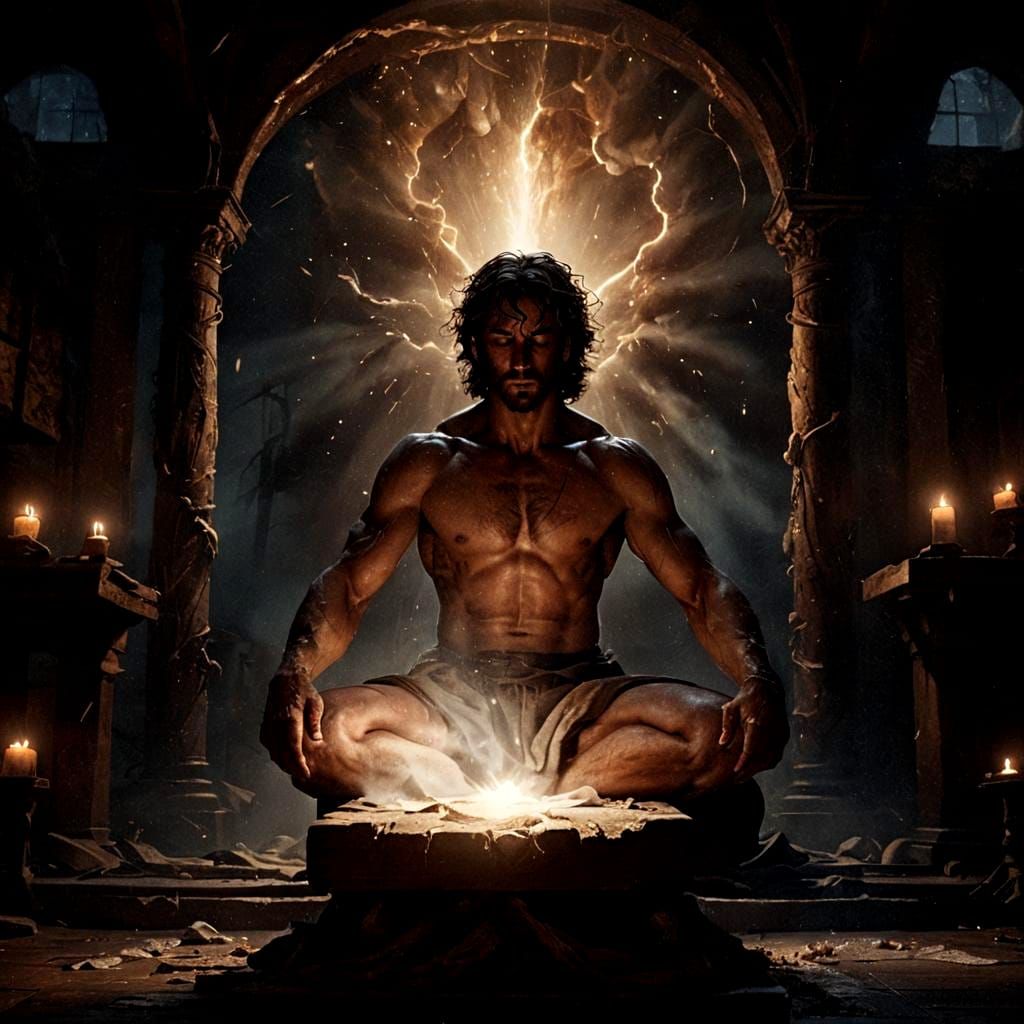 Shirtless Man Praying: Epic Digital Matte Painting
