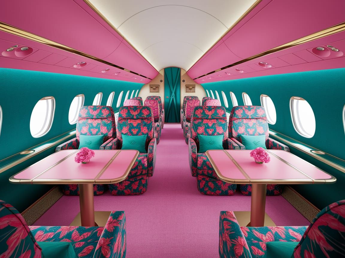 Luxurious Pink and Teal Airplane Interior with Tropical Acce...