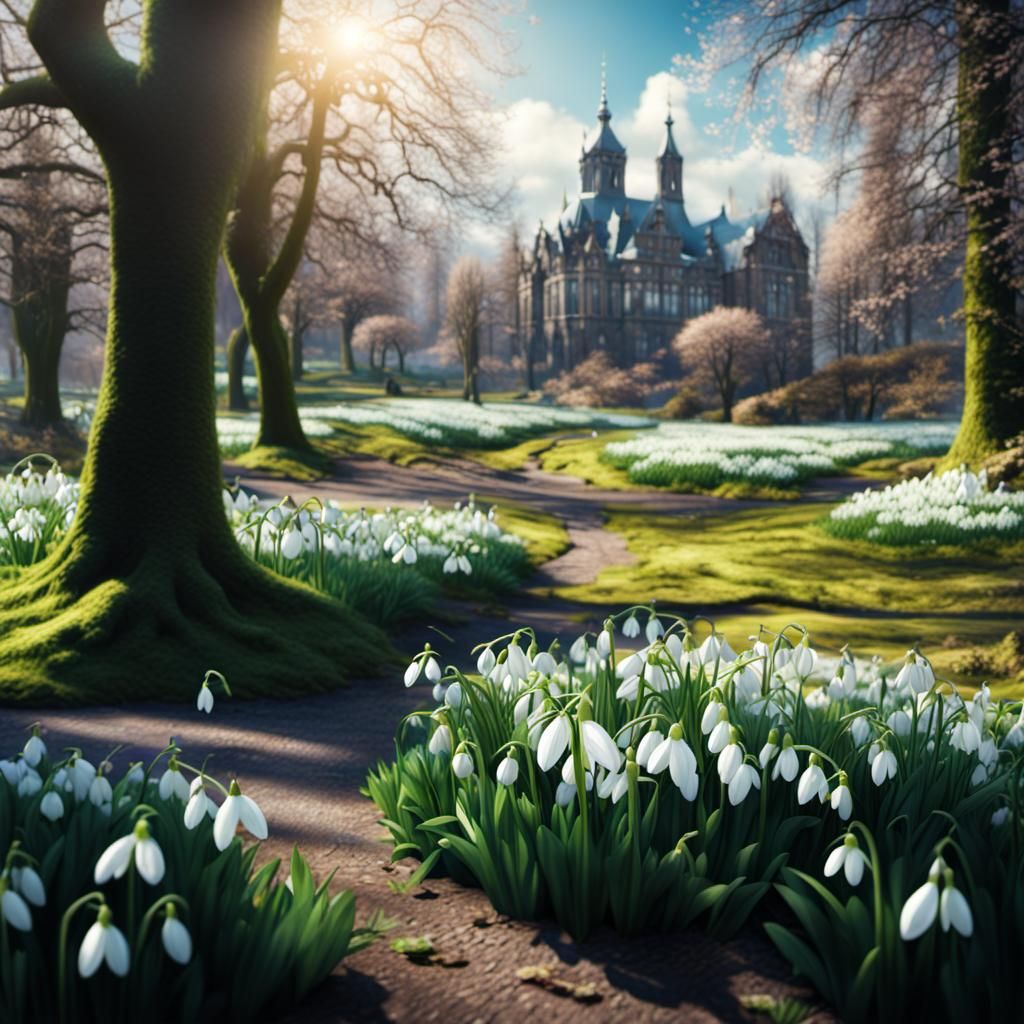 Snowdrops Bloom in Sunny Park: Digital Matte Painting