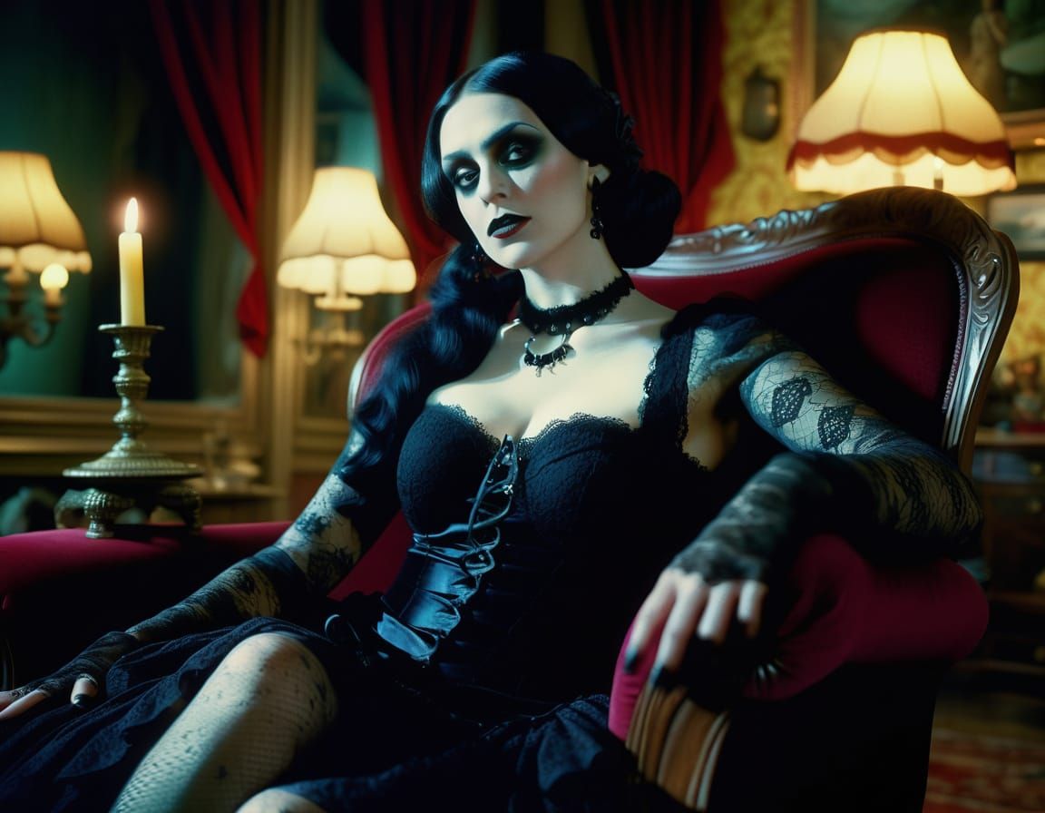 Hypnotized Goth in Victorian Parlor: Cinematic Still