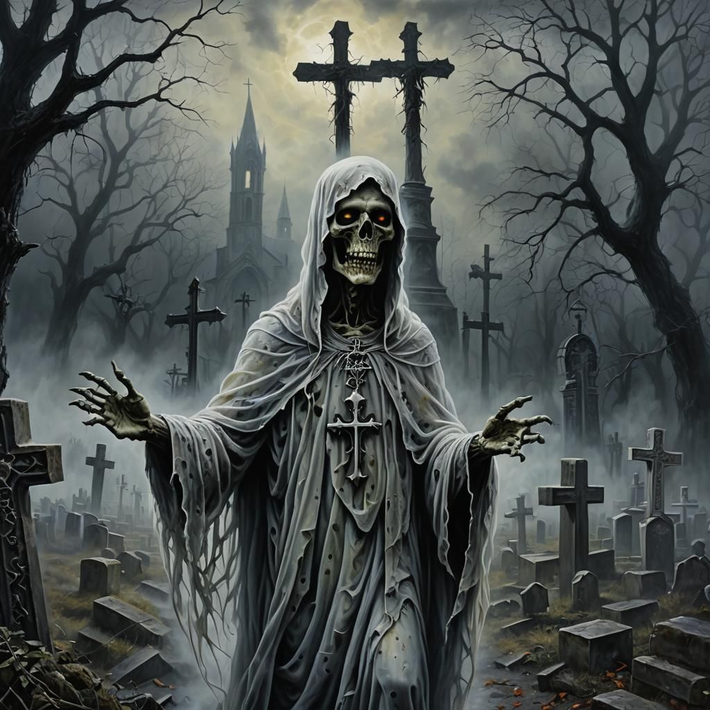 Translucent Zombie Ghost in Ominous Graveyard Oil Painting