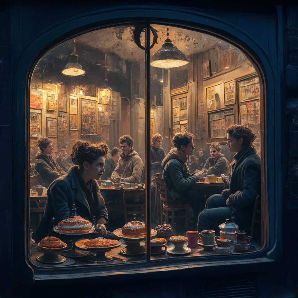 Cozy Vintage Cafe at Night, Bohemian Charm