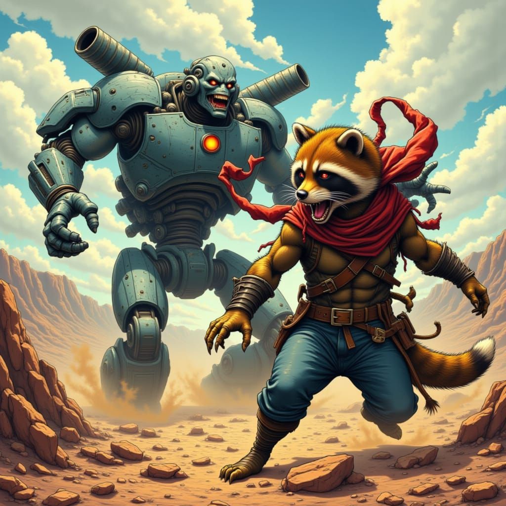 Raccoon Superhero Versus Giant Robot in Comic Style