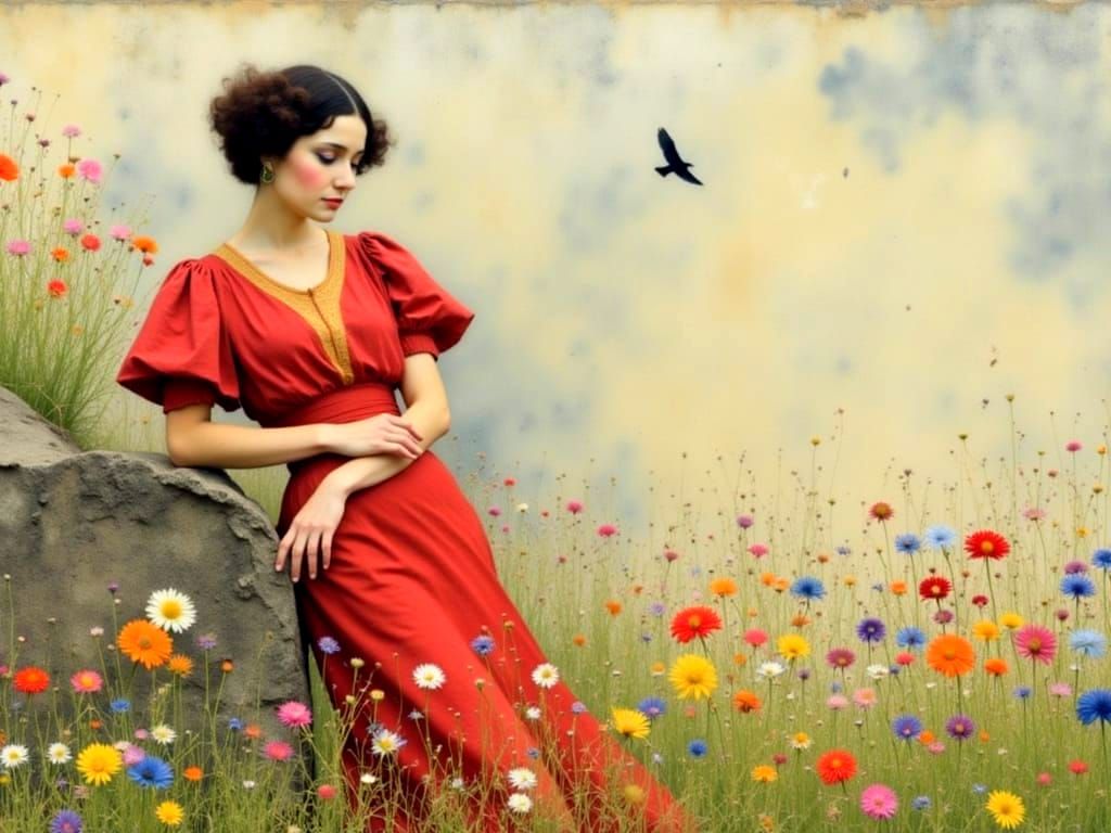 Woman with Floral Background in Klimt Style