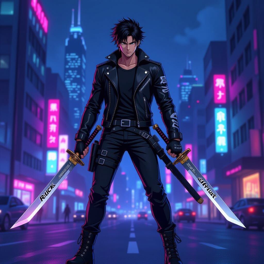 Anime Swordsman in Neon Cityscape, Digital Art