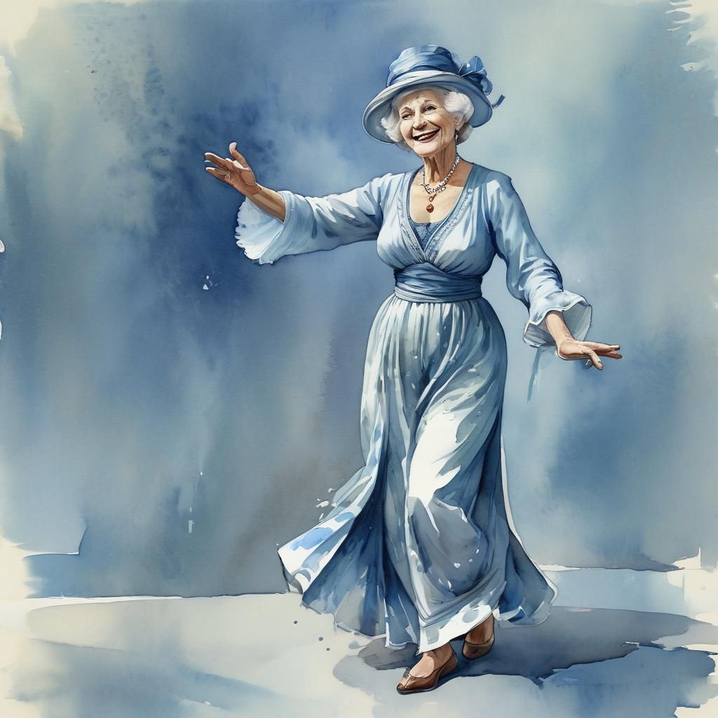 Elderly Woman Dancing in Blue Watercolor Style