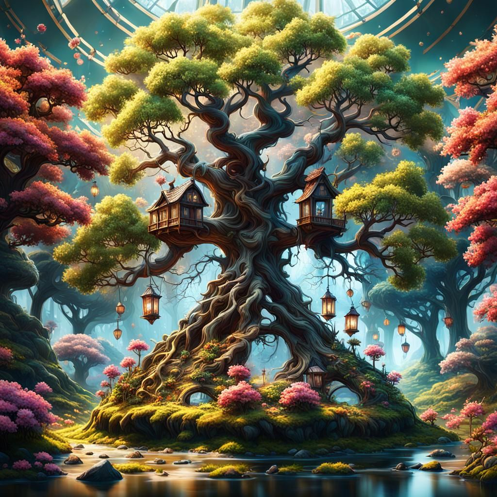 Terrarium with Cherry Tree in Bloom: Fantasy Art