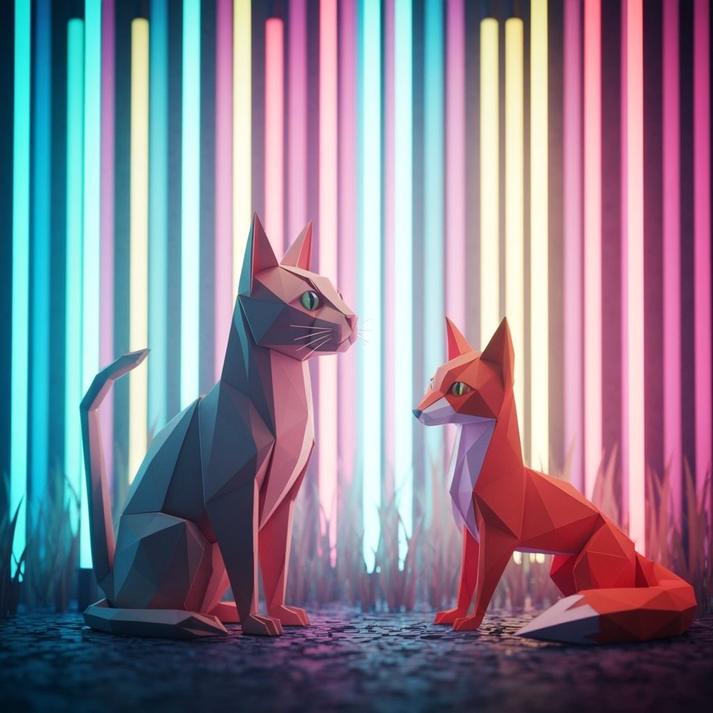 Origami Cat and Fox in Glowing Neon Forest