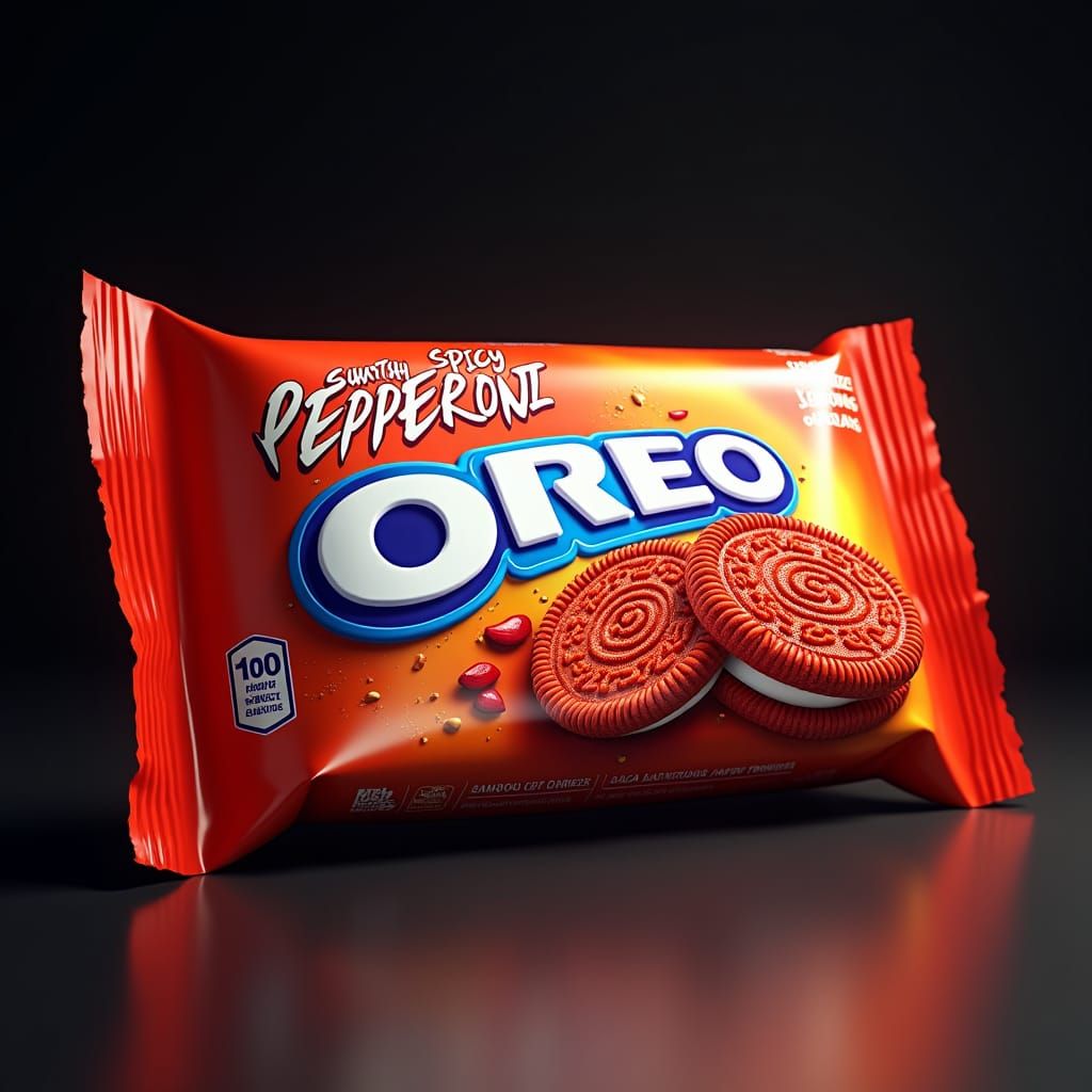 Spicy Pepperoni Oreo Package in Hyper-Realistic Digital Art