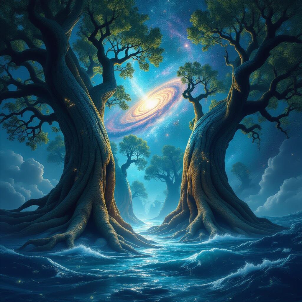 Cosmic Circuit Trees in Surreal Digital Art Style