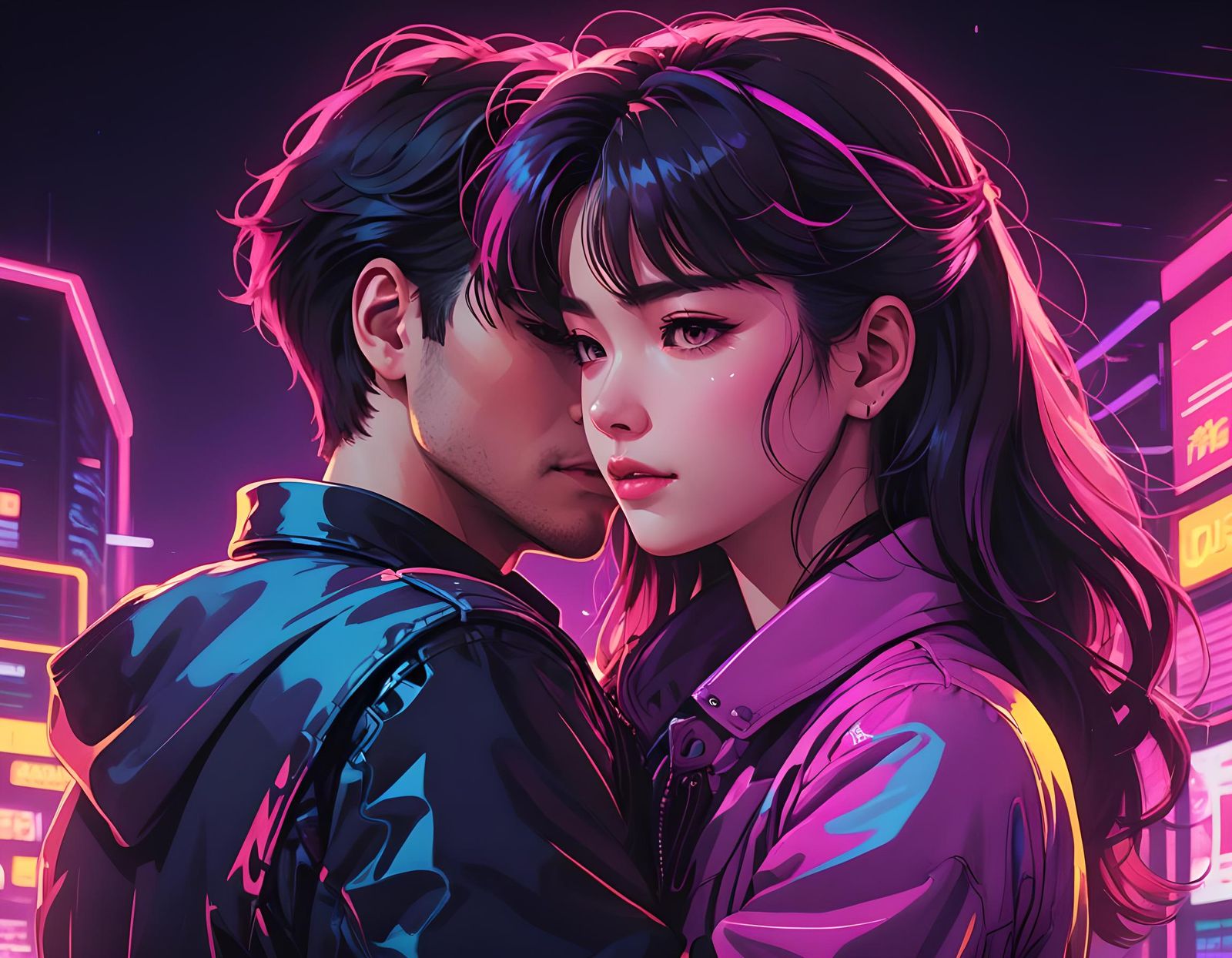 Synthwave Anime: Couple Embracing in Neon Style