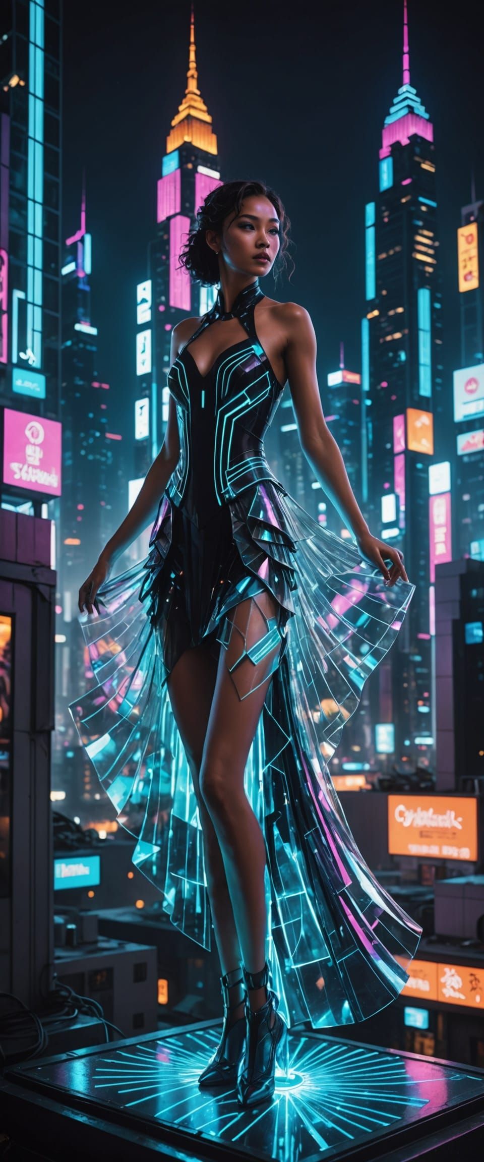 Futuristic Dancer in Neon Cyberpunk Art Deco Cityscape