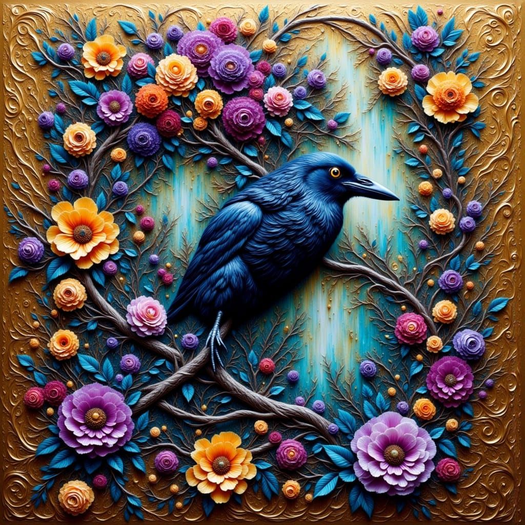 Magical Raven Surrounded by Gothic Florals in Watercolor