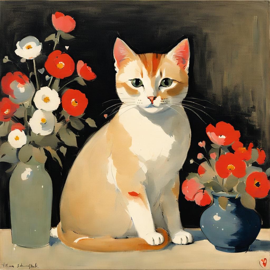 Cute Cat with Flowers in Simplified Abstract Style