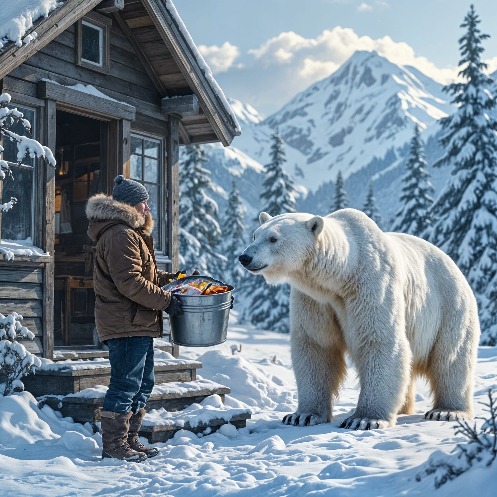 Man Offers Salmon to Polar Bear in Snowy Alaska Cottage