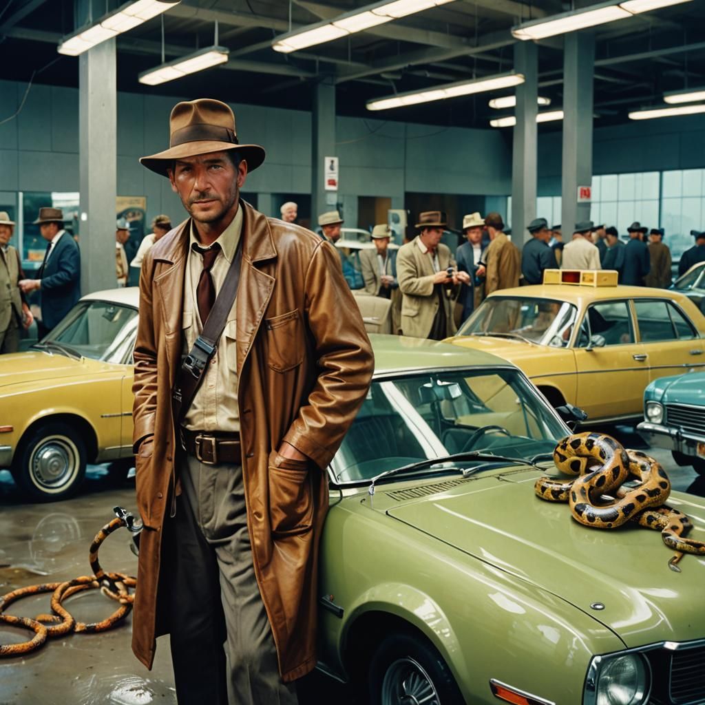 Indiana Jones as Car Salesman, Photorealistic 1950s Style