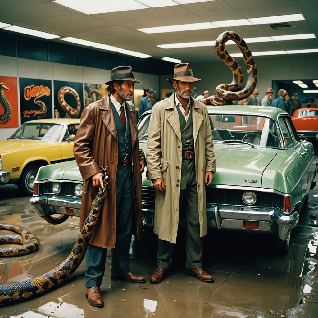 Indiana Jones Haggling at a Surreal Car Dealership