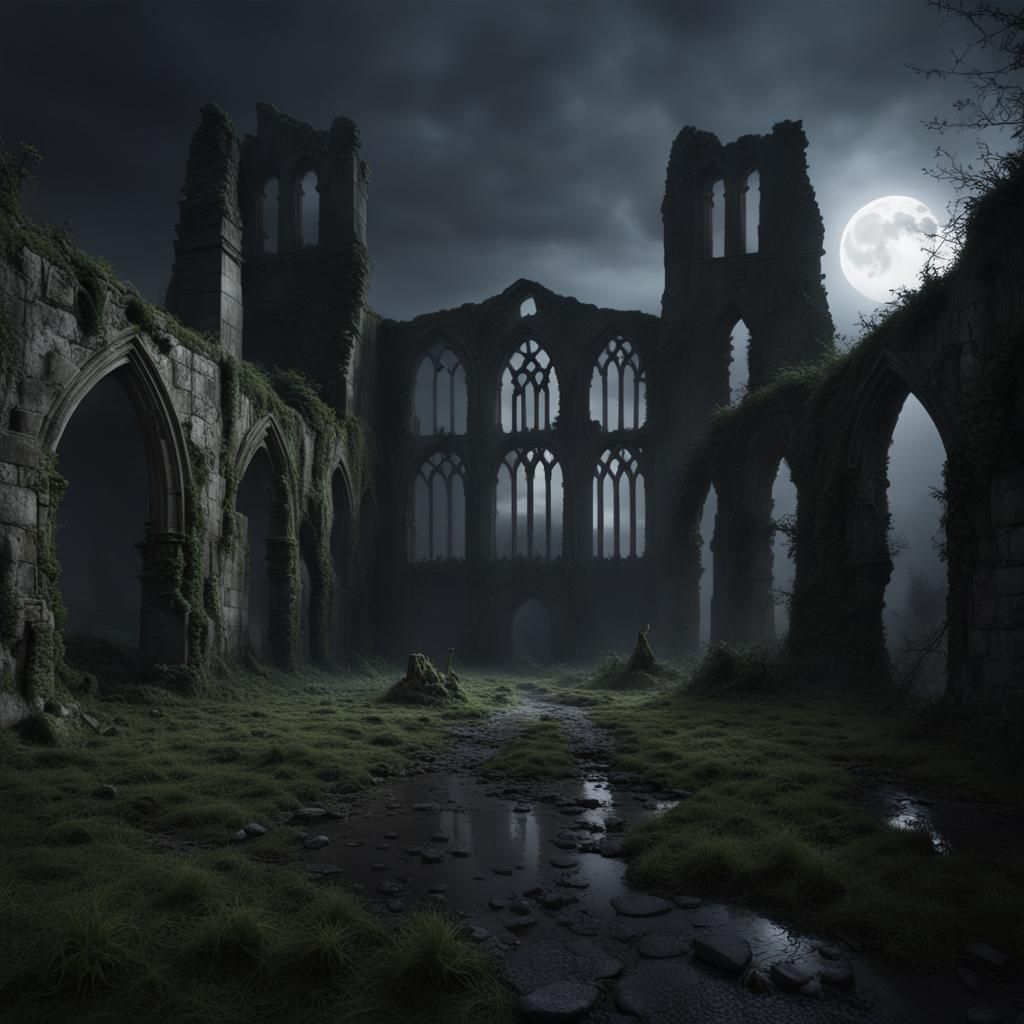 Spooky Abandoned Abbey at Night in Photorealistic Style