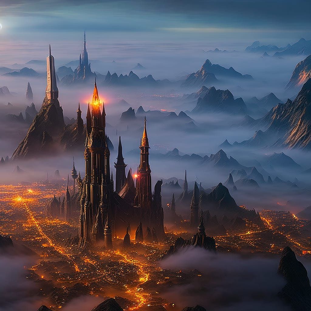 City in Fog with a Cosmic Night Sky