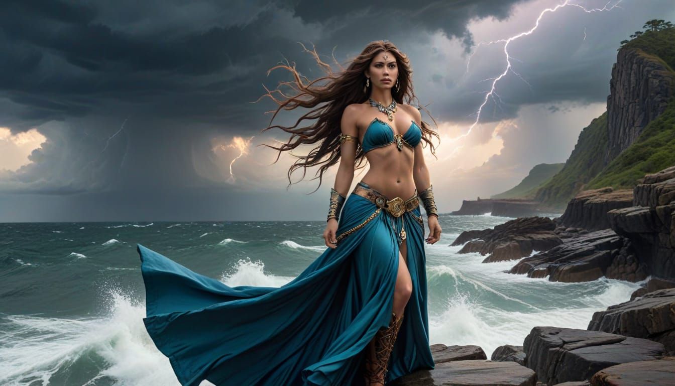 Storm Goddess Overlooking Tumultuous Sea with Lightning