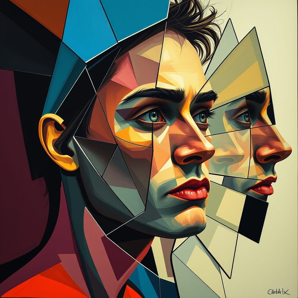 Cubist Portrait of Self-Reflection and Inner Turmoil