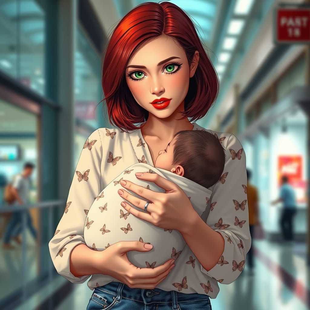 Anime-Style Portrait of Mother Holding Baby