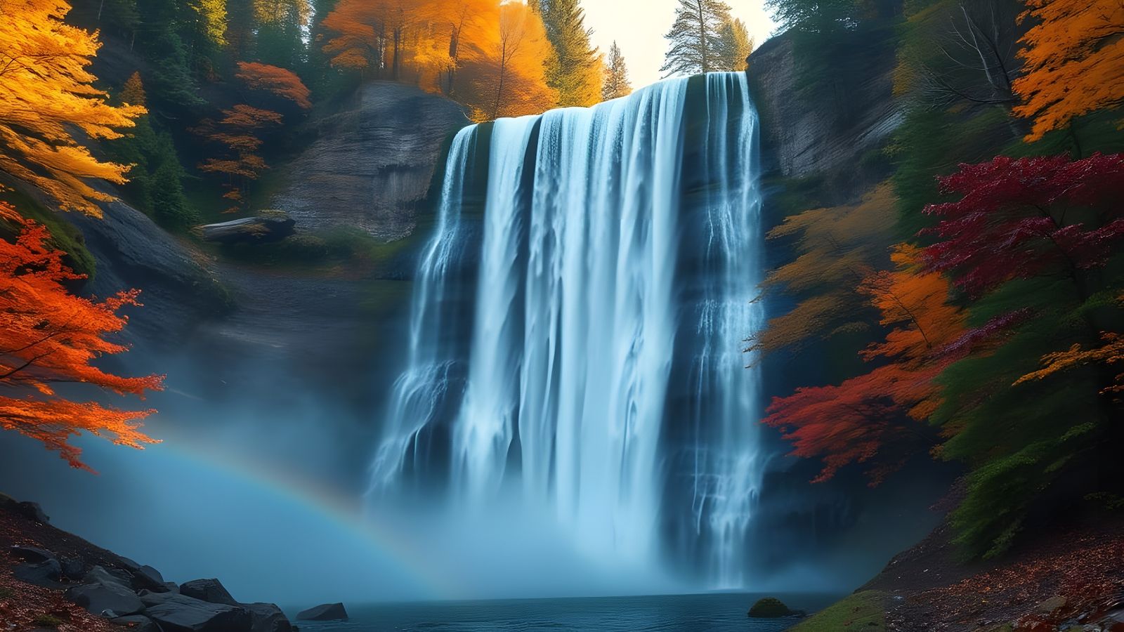 Majestic Autumn Waterfall in Misty Forest