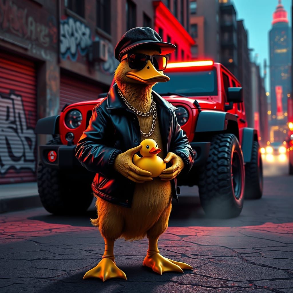 Surreal Gangster Duck in Urban Street Scene