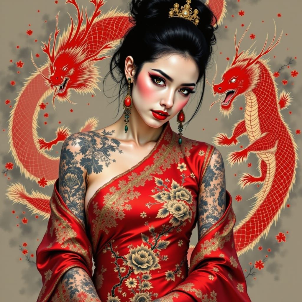 Tattooed Empress in Crimson Silk with Koi and Dragons