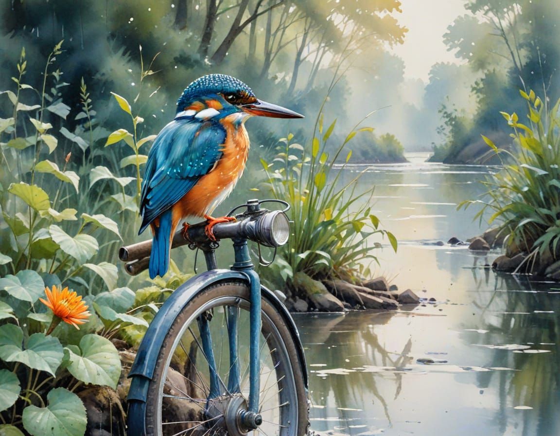 Kingfisher on Bicycle: Watercolour Waterside Scene