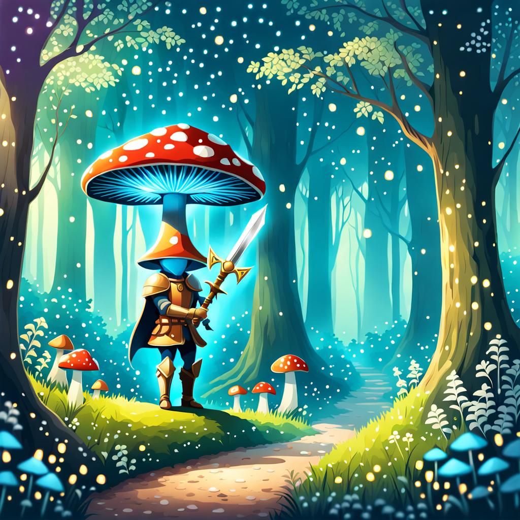 Mushroom Knight in Magical Forest: Fantasy Illustration