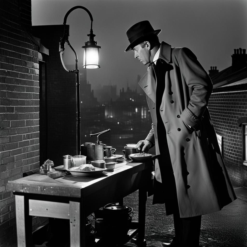 Atmospheric British Film Noir Scene in Black and White