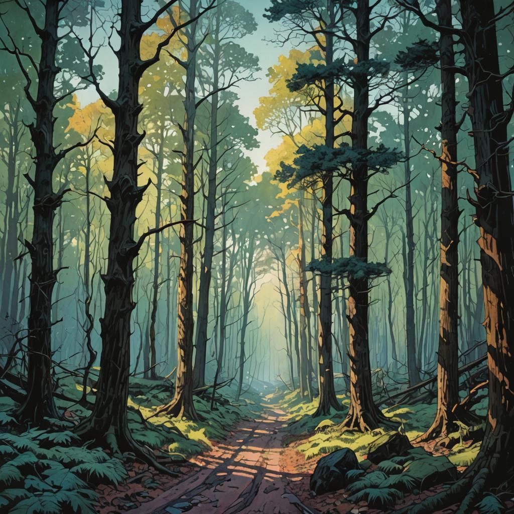 High Contrast Forest Landscape in Pastel Colors