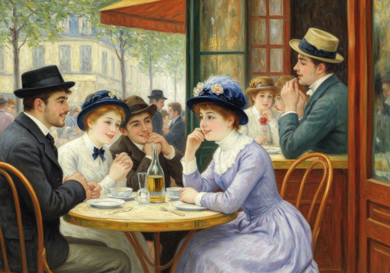 Charming Cafe Scene in Renoir's Impressionistic Style