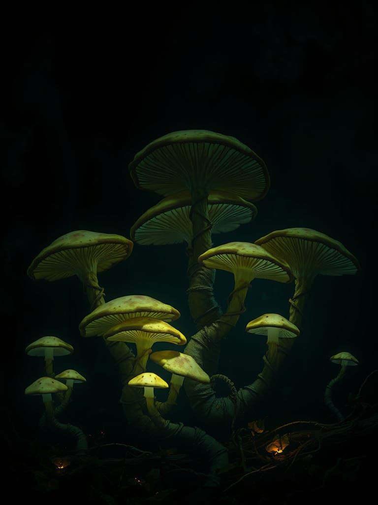 Dark Fantasy Zombies Entwined with Glowing Mushrooms in a Ha...