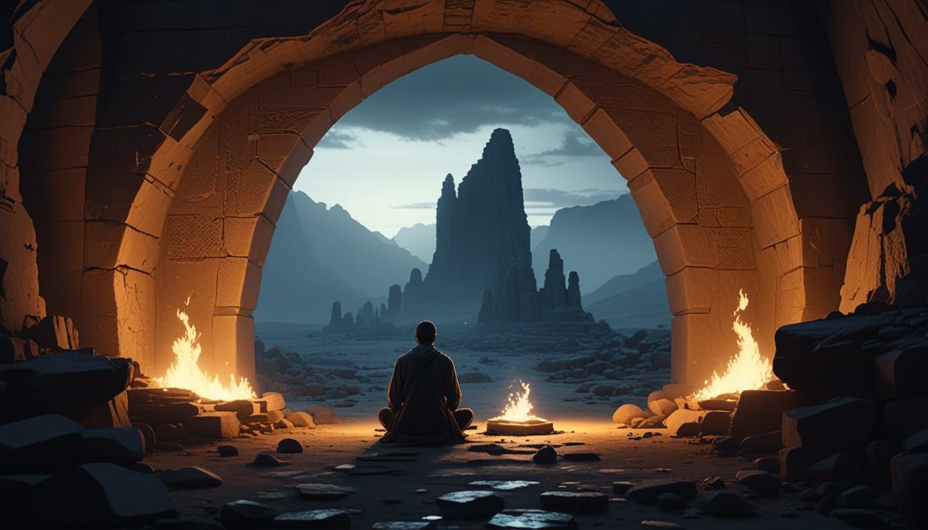 Mystical Underground Temple with Meditating Man