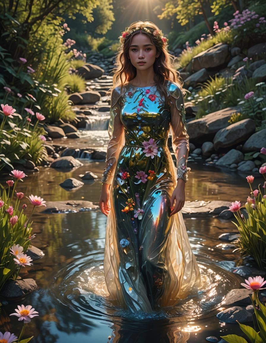 Beautiful Woman in Holographic Sunset, 3D Render