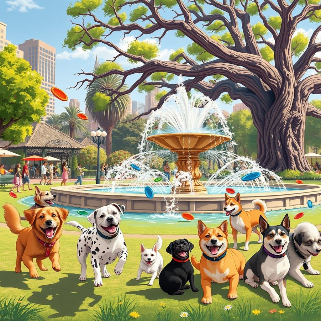Dogs' Joyful Gathering in Vibrant City Park