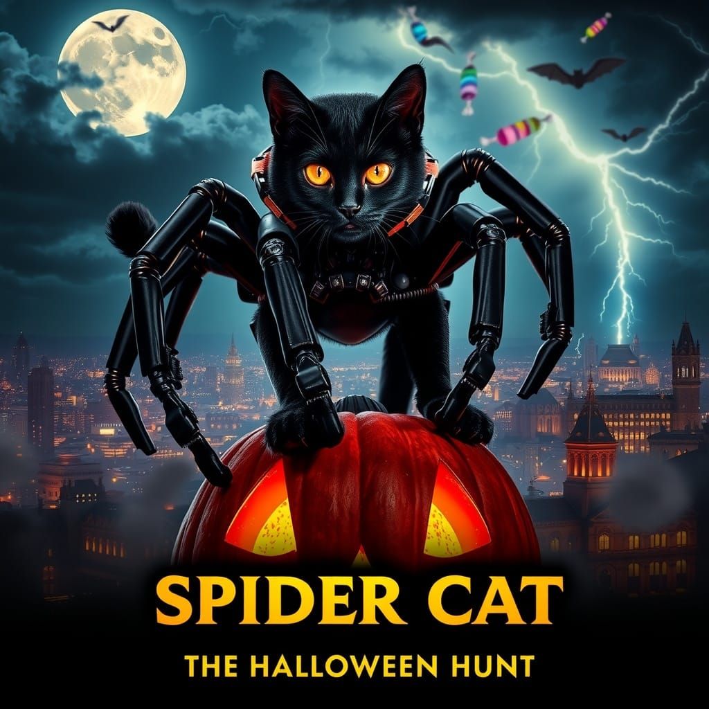 Heroic Spider Cat on Jack-o'-Lantern