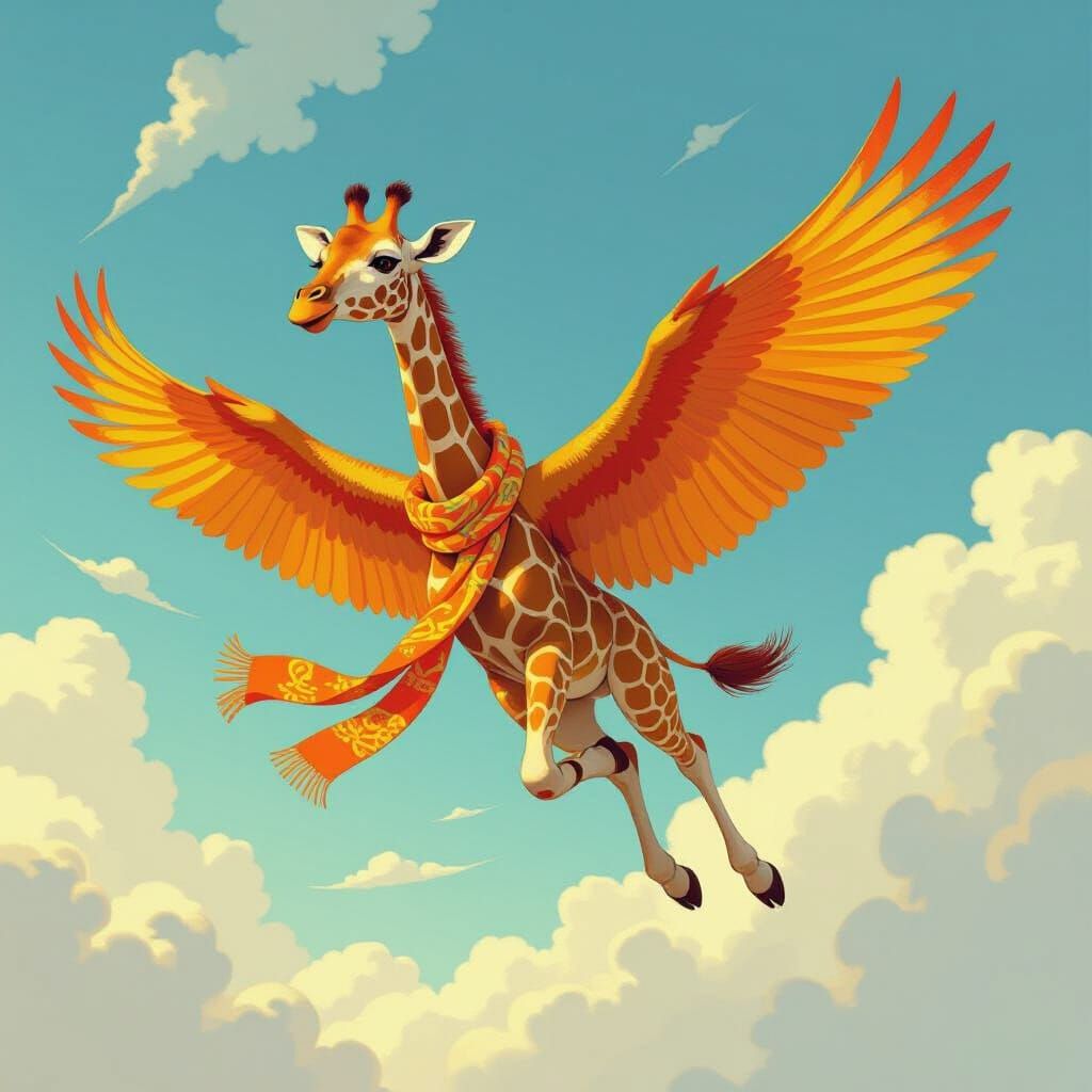 Whimsical Flying Giraffe with Feathered Wings