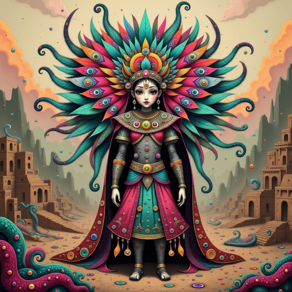 Aztec Serpent God in Stylized Mesoamerican Ruins