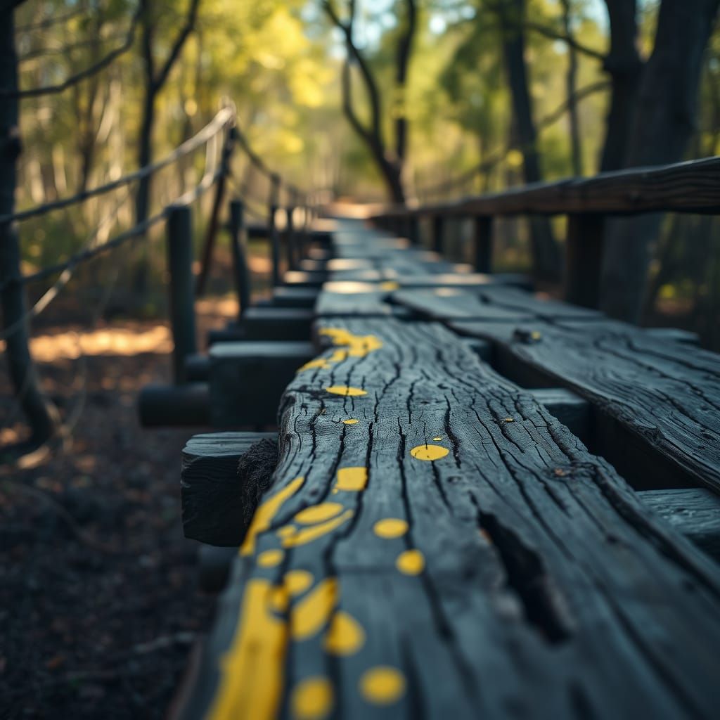 Worn Wooden Bridge in Shadowed Oak Forest