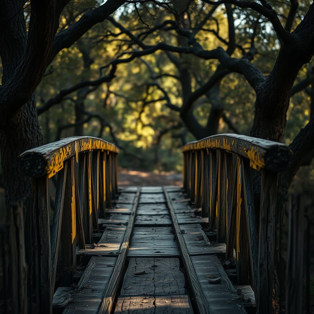 Abandoned Bridge in Shadowed Forest, High-Resolution Photogr...