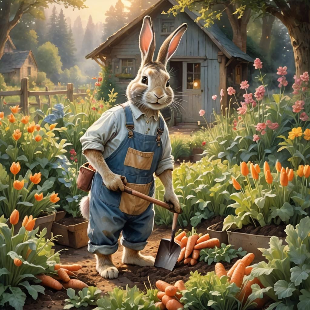 Rabbit Gardener in Ethereal Watercolor Fantasy